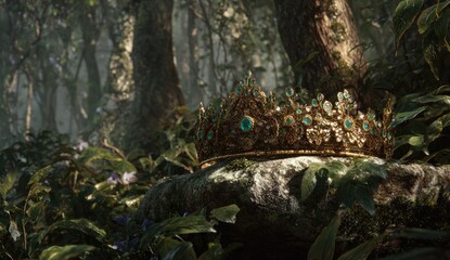 Fototapeta premium An ornate golden crown, adorned with teal gemstones, rests upon a moss-covered rock within a lush, sun-dappled forest setting, evoking a sense of fantasy and regal wilderness.