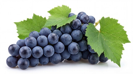 Naklejka premium A vibrant bunch of fresh dark grapes with green leaves, perfectly isolated on a white background. Healthy fruit