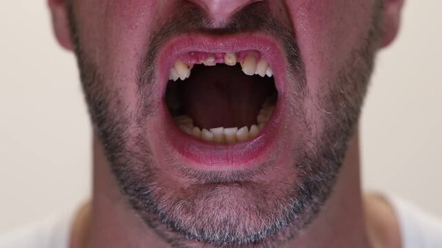 Close Up of Toothless Man's Mouth, Showing Damaged Gums, Oral Health Concept