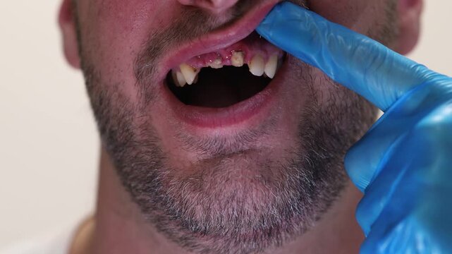 Close-up of a man's mouth open with missing teeth, showing dental problem