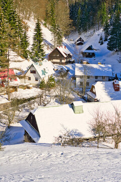 View of snow-covered roofs of cozy cabins nestled among verdant trees, a wintry tableau under the crisp, clear sky, Moce, Banska Bystrica Region, Slovakia.