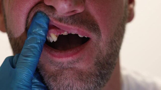 Close-up of a man's mouth with visibly decayed teeth and missing upper incisors
