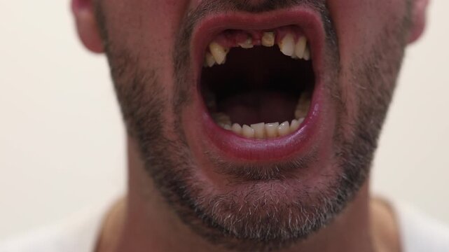 Close-up of a man with a beard opening his mouth to reveal unhealthy teeth