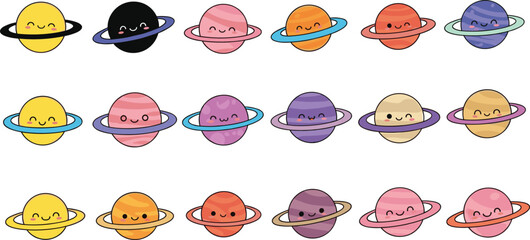 Adorable kawaii saturn planet vector collection featuring colorful smiling celestial bodies with rings for kids space themed educational posters and nursery stickers © Maslima