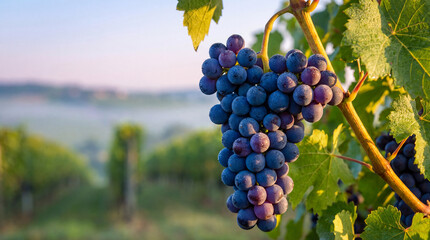 Fototapeta premium Close-up of ripe red grapes covered in morning dew, hanging from a vine in a sunny vineyard at dawn