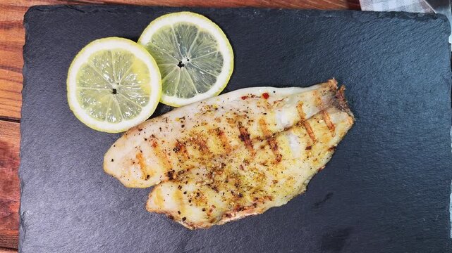 Grilled gilthead fillet on skin served on flat slate plate