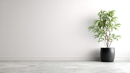 Fototapeta premium Minimalist Interior with a Potted Plant Against a White Wall.