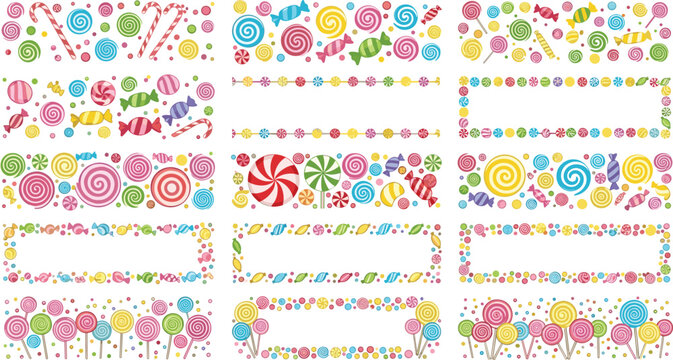 Colorful candy and lollipop border vector set featuring sweet confection frames and banners for birthday parties celebrations and sugary dessert shop branding