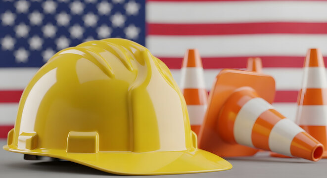 Labor day usa construction safety yellow hard hat traffic cones