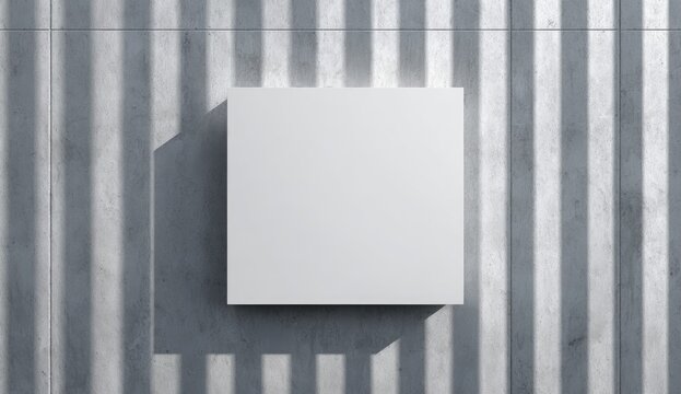 A stark white cube casts a dramatic shadow against a textured, vertically lined concrete wall.