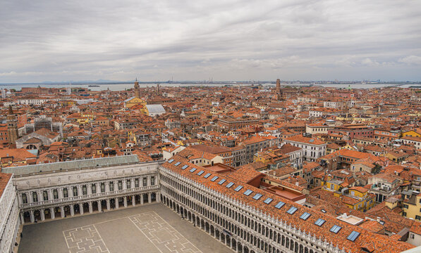 Panoramic skyline view over historic Venice rooftops and square