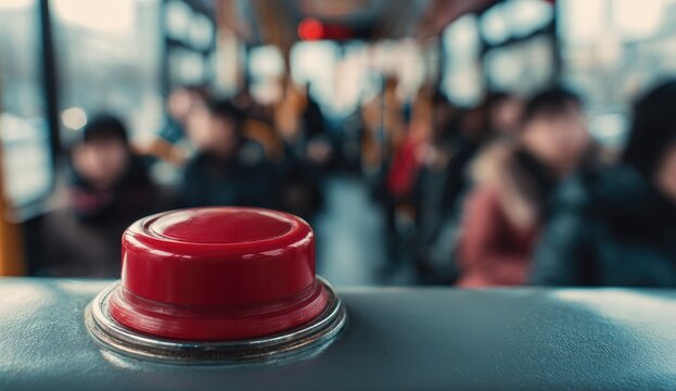 A vibrant red emergency button stands prominently in the foreground of a blurred public transportation scene.