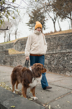 Woman walking Australian shepherd on urban sidewalk in autumn