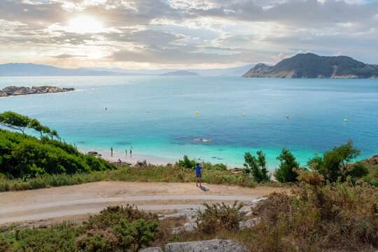 Scenic bay and turquoise ocean at Cies Islands, Spain