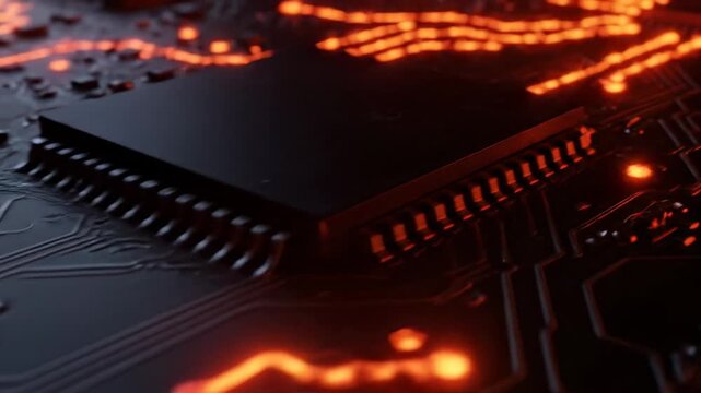 Glowing orange circuitry patterns on a dark, detailed electronic board