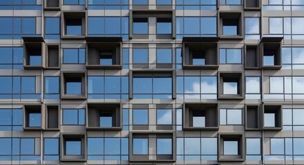 Obraz premium Modern building facade with geometric windows and blue sky reflection