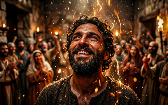 Pentecost Joy and Holy Spirit Fire. Disciples Filled with the Spirit Christian Scene