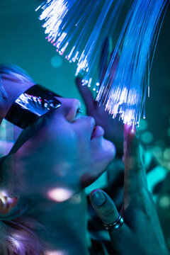 Young woman explores a futuristic metaverse realm