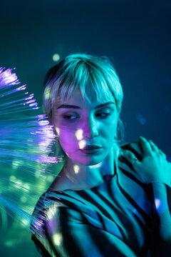 Young woman in a futuristic metaverse setting