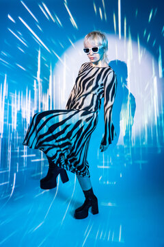 Young woman in futuristic metaverse setting