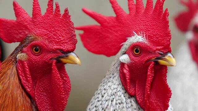 Close up of two roosters with bright red combs and wattles.