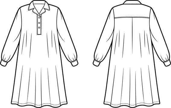 Flat vector long-sleeve dress design, collared neckline, pleats, cuffs, back yoke