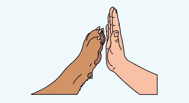 Illustration of a human hand giving a high five to a dog paw.