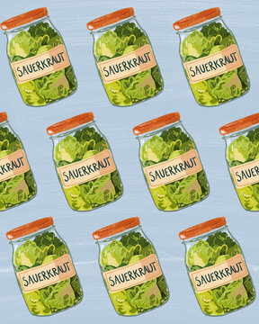 Illustrated sauerkraut jars pattern for gut health concept