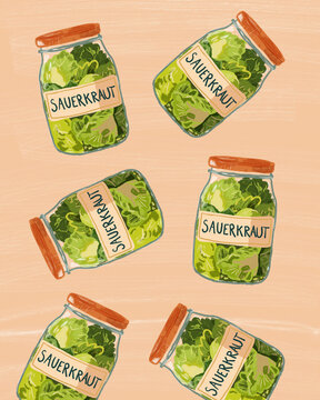 Illustration of sauerkraut jars for probiotic gut health