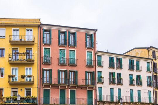 Colorful residential facades and balconies in Padova, Italy