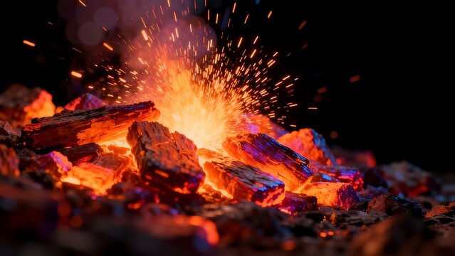 Burning wood logs with sparks