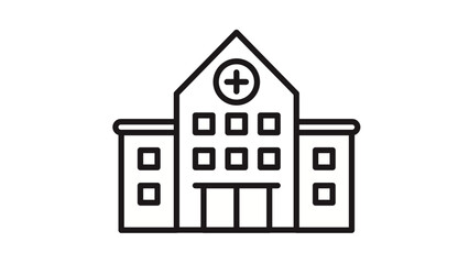 Minimalist black line art vector icon of a school or university building with a gabled roof, clock tower, and windows, perfect for educational, architectural, and institutional graphic designs. © Daniyal