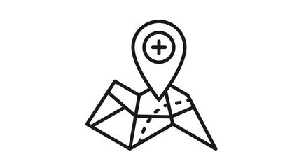 Minimalist black vector icon illustration of a folded paper map with a location pin marker on top, symbolizing navigation, GPS tracking, travel destinations, and geographic positioning. © Daniyal