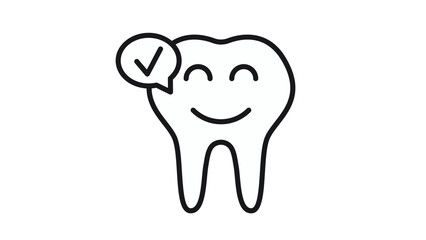 Happy smiling tooth vector icon with a checkmark in a speech bubble, representing dental health, oral hygiene, and a successful dentist checkup. Minimalist black line art illustration on white. © Daniyal