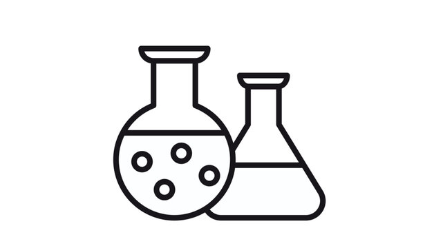 Minimalist black line art vector icon illustration of two laboratory chemistry flasks with bubbling liquid, representing scientific research, medical experiments, and chemical education.
