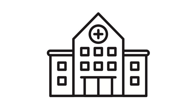 Minimalist black line art vector icon of a school or university building with a gabled roof, clock tower, and windows, perfect for educational, architectural, and institutional graphic designs.