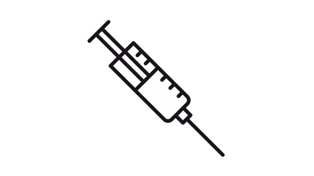 Black minimalist vector icon of a medical syringe with a needle, isolated on a white background. Clean line art illustration for healthcare, vaccination, medicine, and clinical treatment concepts.