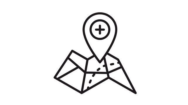 Minimalist black vector icon illustration of a folded paper map with a location pin marker on top, symbolizing navigation, GPS tracking, travel destinations, and geographic positioning.