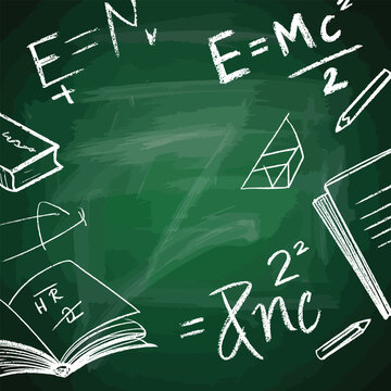 Chalkboard with scientific formulas and books green