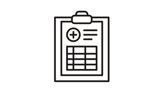Minimalist black vector icon of a clipboard holding a document with a profile picture placeholder, text lines, and a data table grid, isolated on white background for business and office use.
