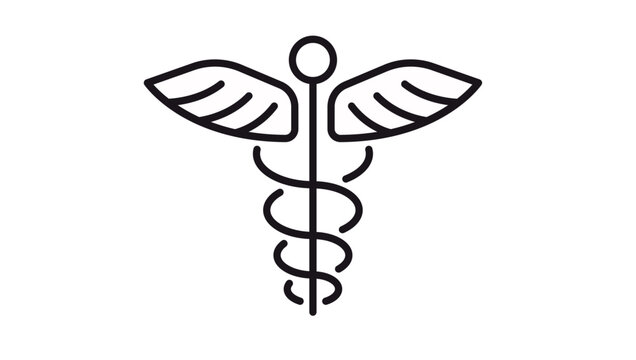 Caduceus Medical Symbol Vector Icon, Black Minimalist Illustration of the Staff of Hermes with Two Snakes and Wings, Professional Healthcare and Pharmacy Graphic Design Element on White Background