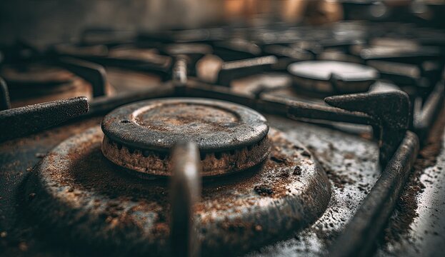 A close-up shot showcases a heavily soiled and aged gas stove burner, highlighting its intricate design and the effects of prolonged use and neglect.