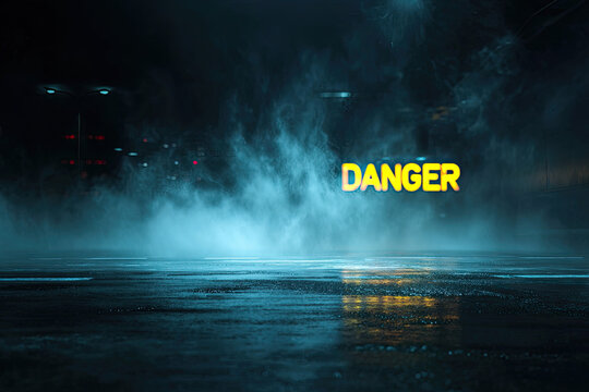 Wet road and smoke abstract background empty scene with asphalt texture and spotlight. Horror highway surface with smog and neon light. Danger scary banner bg. Mysterious escape stage at night 