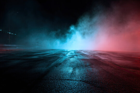 Wet road and smoke abstract background empty scene with asphalt texture and spotlight. Horror highway surface with smog and neon light. Danger scary banner bg. Mysterious escape stage at night 