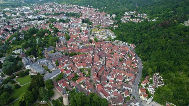 Aerial view around the city Weinheim in Germany. On cloudy day in spring 