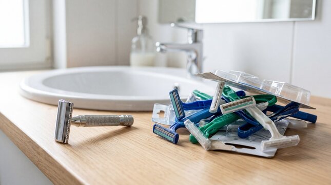 Bathroom sink counter with safety razors and disposable shavers