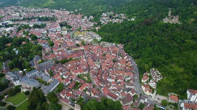 Aerial view around the city Weinheim in Germany. On cloudy day in spring 