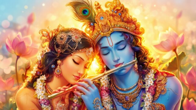 Traditional Indian devotional illustration depicting Lord Krishna and Radha playing flute amidst blooming lotus flowers in a vibrant, colorful setting
