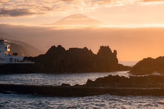 Sunset view of Teide above El Pris on Tenerife coast