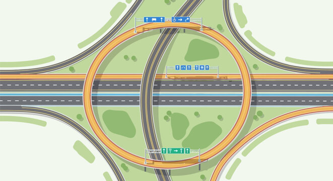 Aerial view of cloverleaf highway interchange.